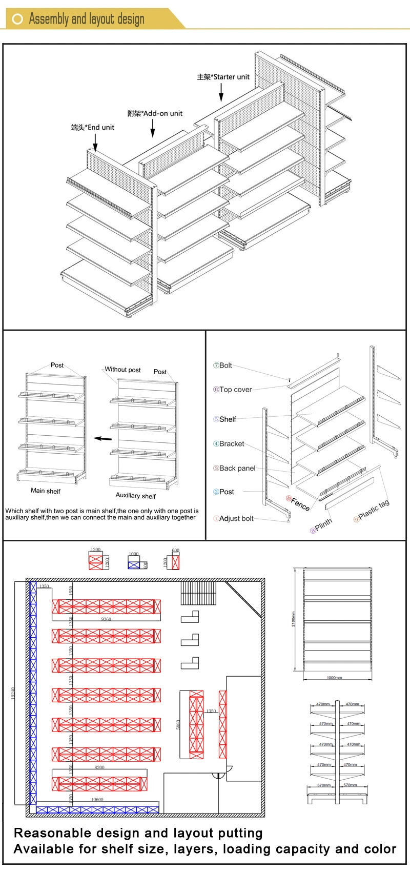 Metal and Wooden Heavy Duty Goods Storage Shelf for Supermarket